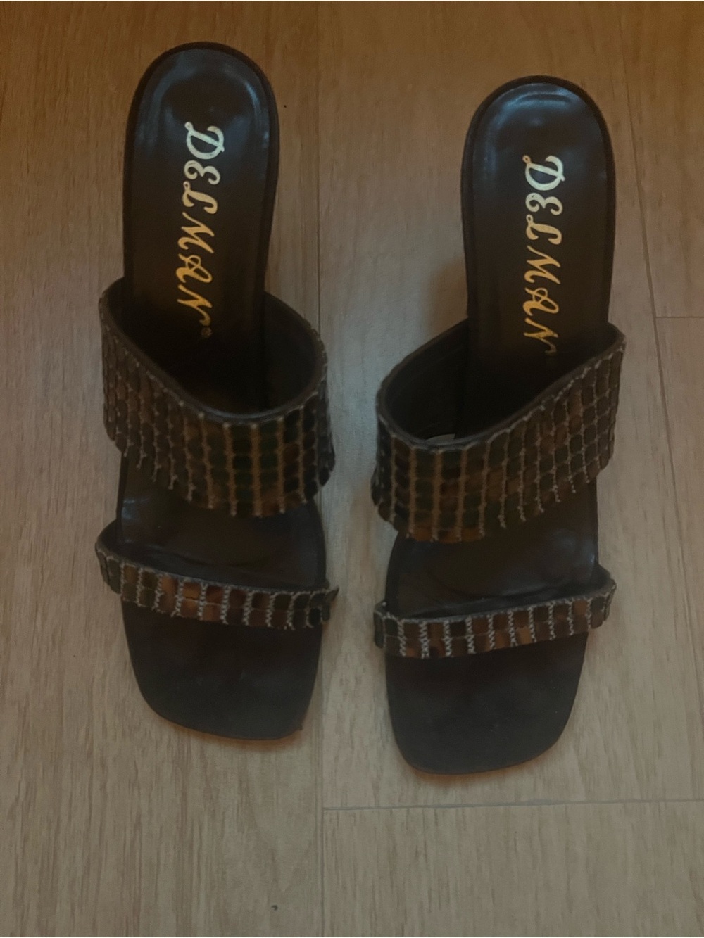 Delman Brown Strappy Beaded Slide Mules